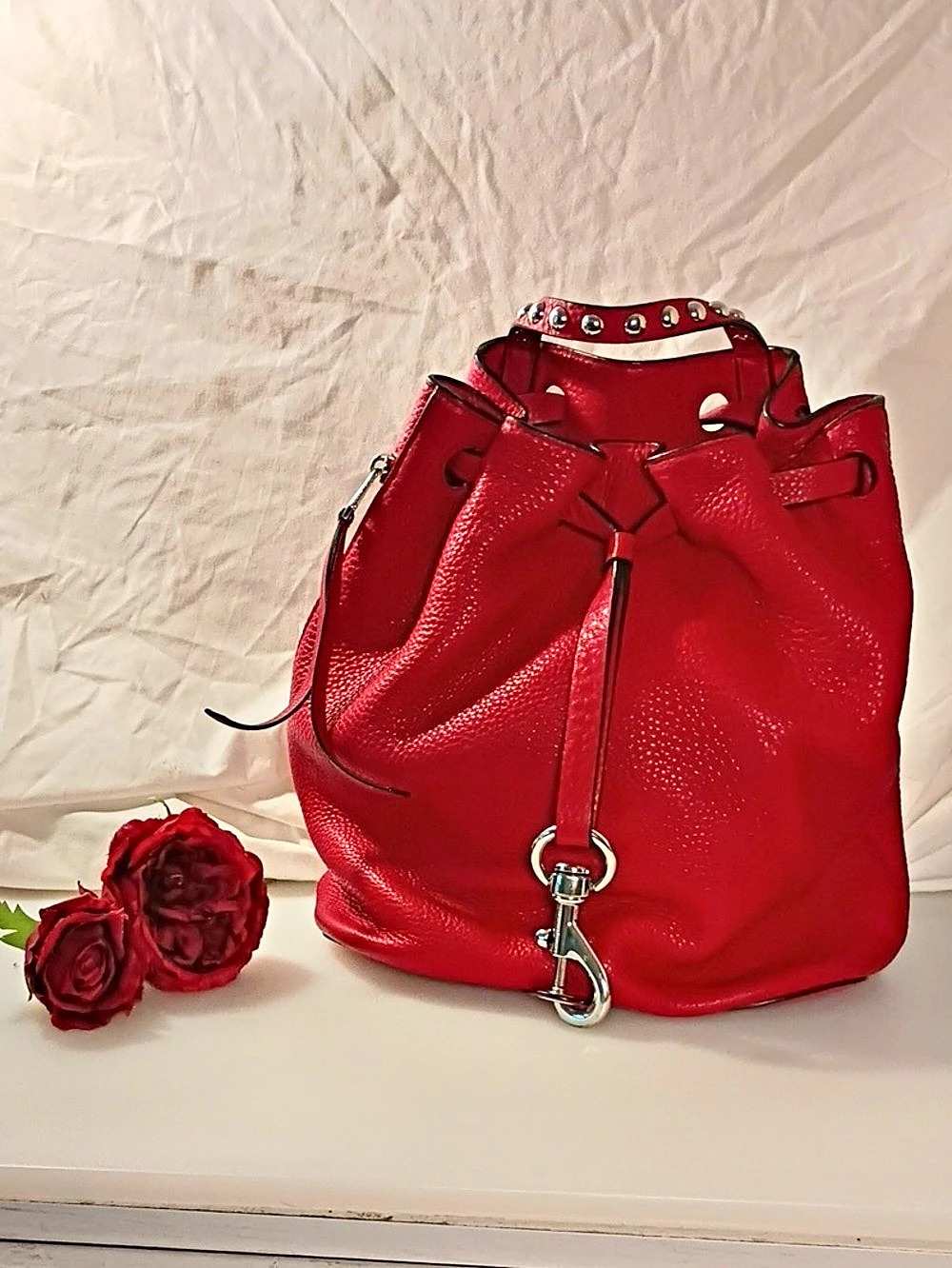 Rebecca Minkoff Leather Red Drawstring Shoulder Backpack Bag/Purse Preowned